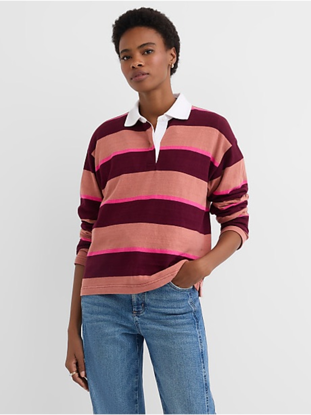 LOFT Striped Polo Rugby Shirt in Burgundy, Dusty Rose & Hot Pink